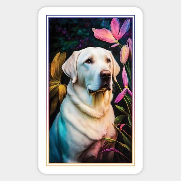 Labrador Retriever Dog Vibrant Tropical Flower Tall Digital Oil Painting Portrait 5 Sticker by ArtHouseFlunky